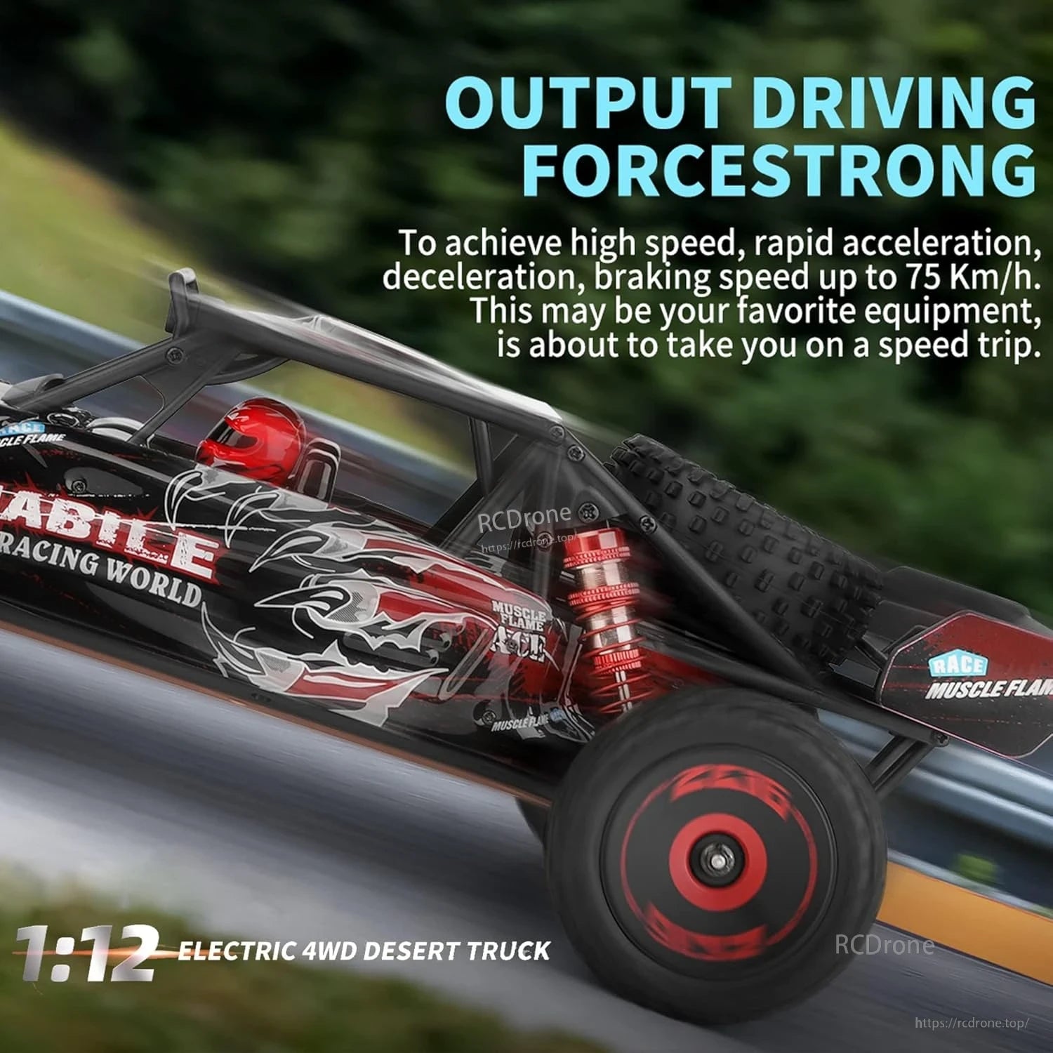 Wltoys 124016 RC Car, The Abile Racing World Muscle Flame 1:12 electric 4WD desert truck offers thrilling performance with high speed, rapid acceleration, and striking black-and-red flame design, ideal for hobbyists and racing enthusiasts.