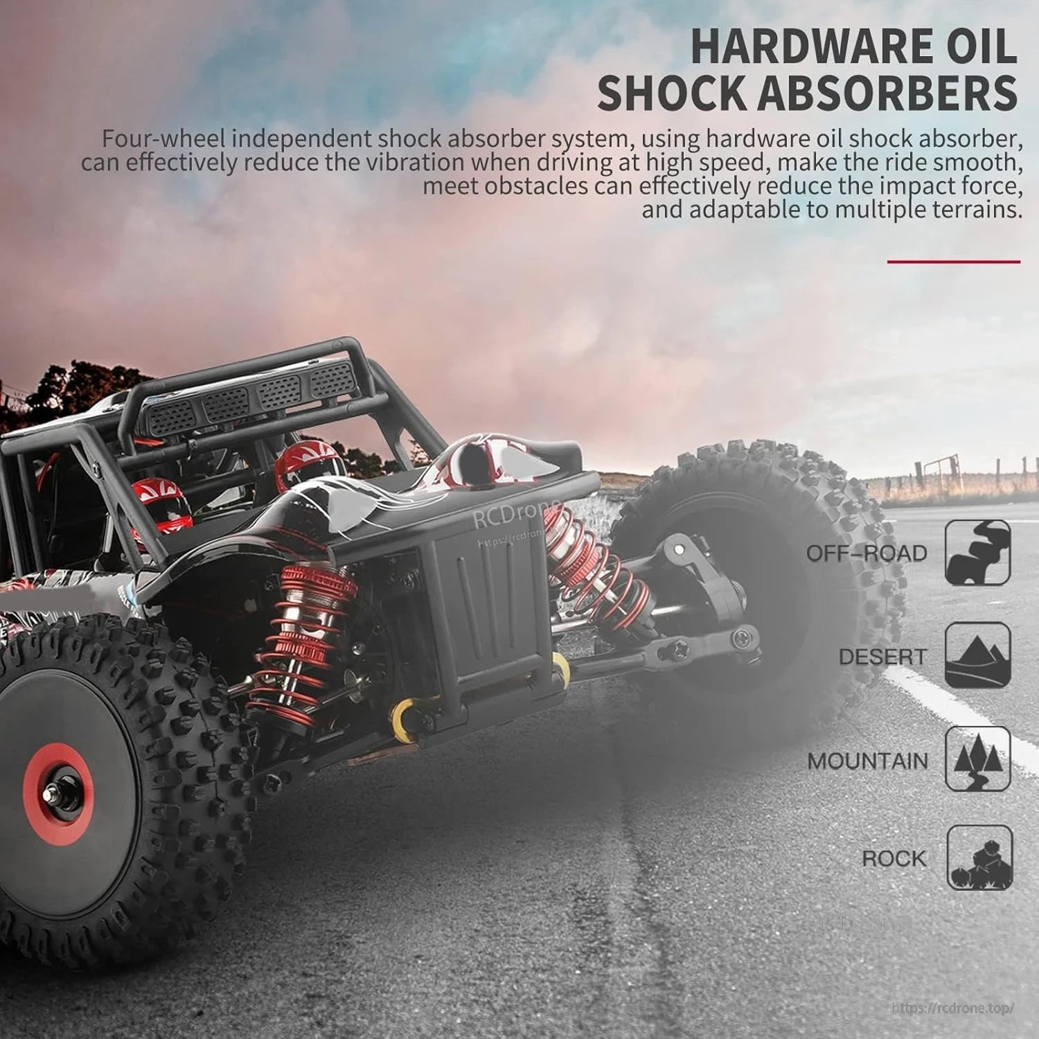 The Wltoys 124016 RC car features oil shock absorbers for smooth, high-speed performance, reducing vibration and impact on rough terrains like deserts, mountains, and rocks.