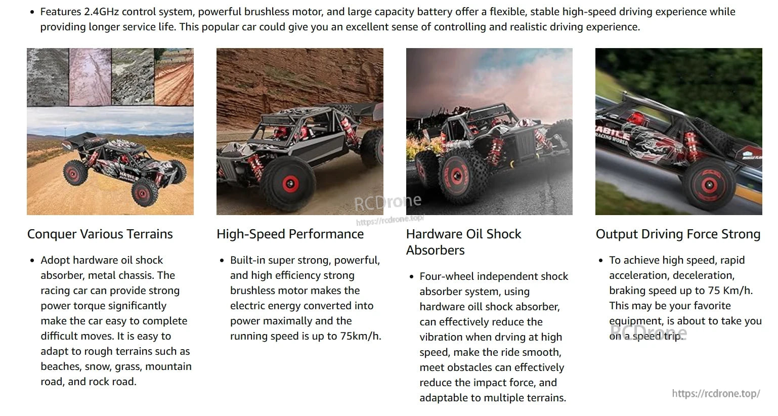 The Wltoys 124016 RC car features 2.4GHz control, a brushless motor, large battery, strong shock absorbers, and reaches up to 75 km/h for smooth, powerful performance on rough terrain.