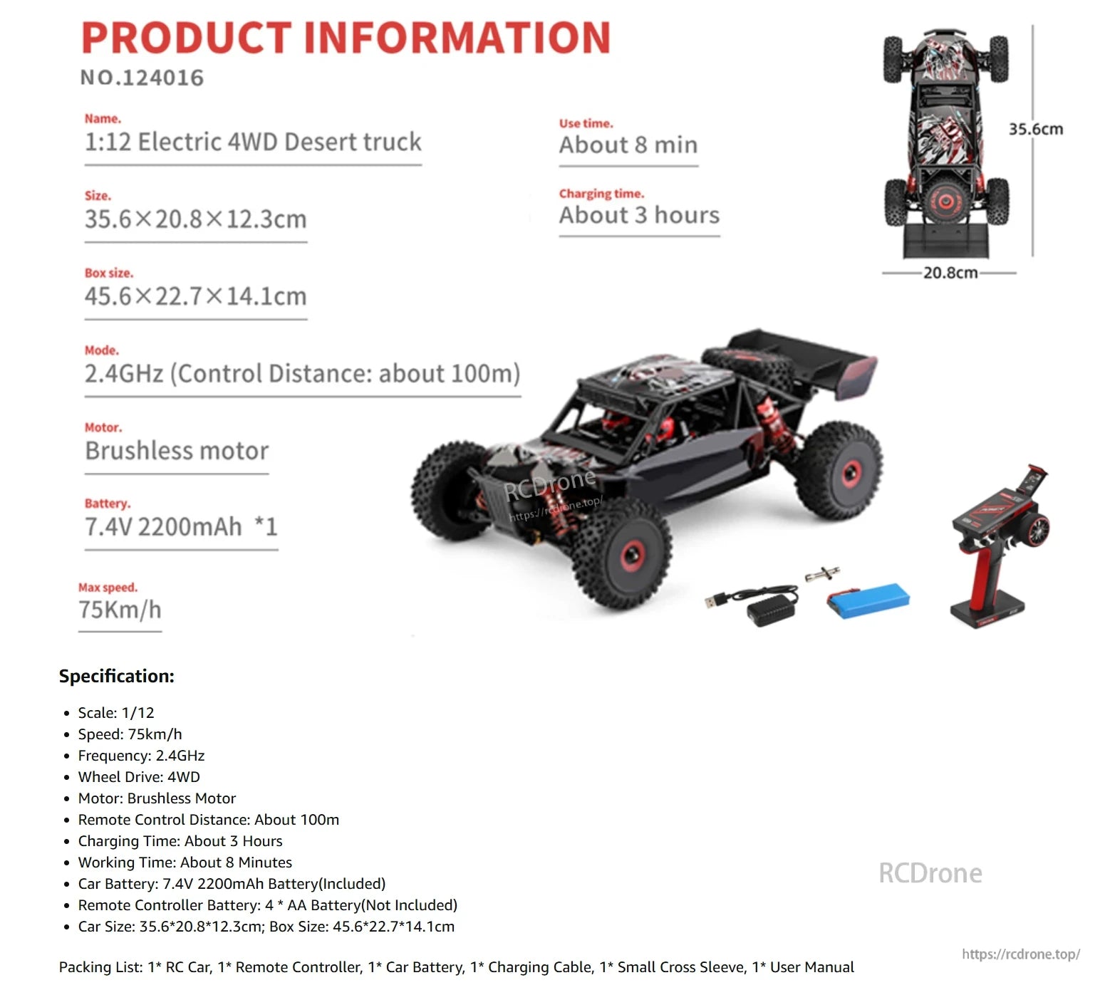 Wltoys 124016 RC Car, 1:12 electric 4WD desert truck with 7.4V battery, 2.4GHz remote, 75km/h speed, 8-minute runtime, 3-hour charge, 100m range, includes charger and manual.