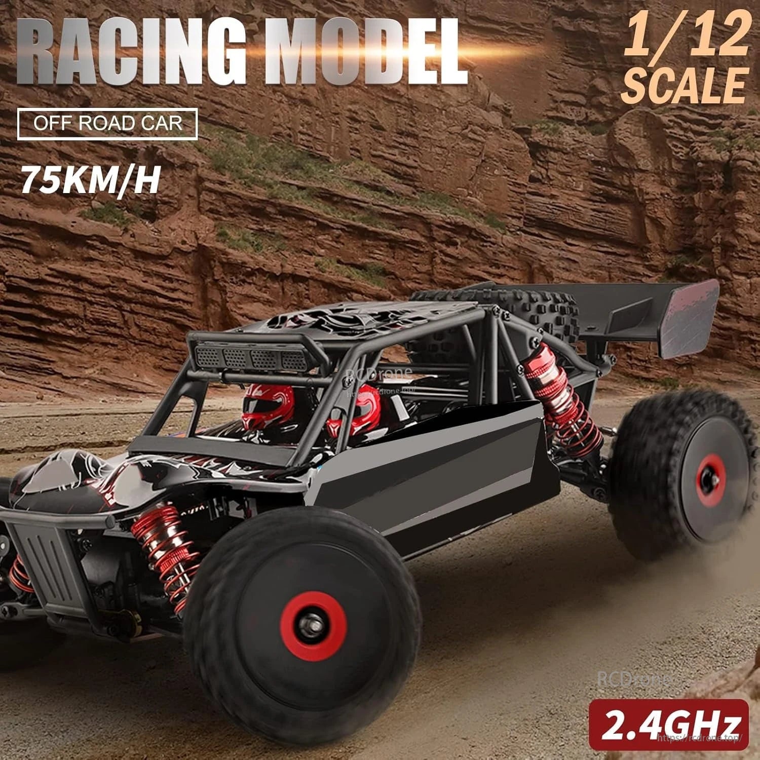 Wltoys 124016 RC Car, Black and red 1/12 scale off-road car model, 75km/h speed, 2.4GHz remote control, designed for rugged terrain.