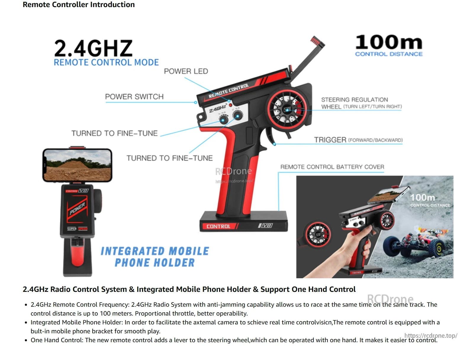 Wltoys 124016 RC Car, A 2.4GHz remote with 100m range, mobile holder, one-hand steering, throttle control, power switch, LED, trigger, and steering wheel for better control and live viewing.