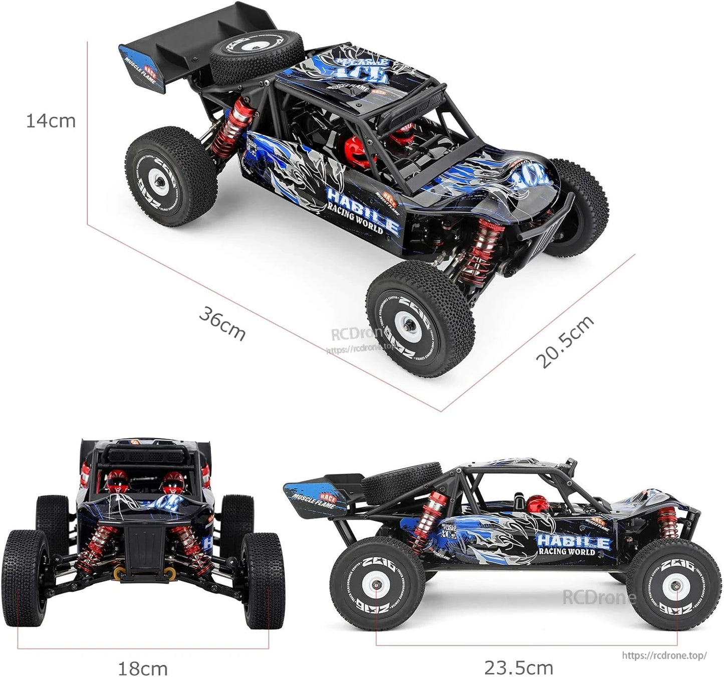 Wltoys 124018 RC Car, The Wltoys 124018 is a 1/12 scale RC car with a 60km/h speed, 4WD off-road buggy design, alloy chassis, drift capabilities, and striking blue flame and red suspension styling.