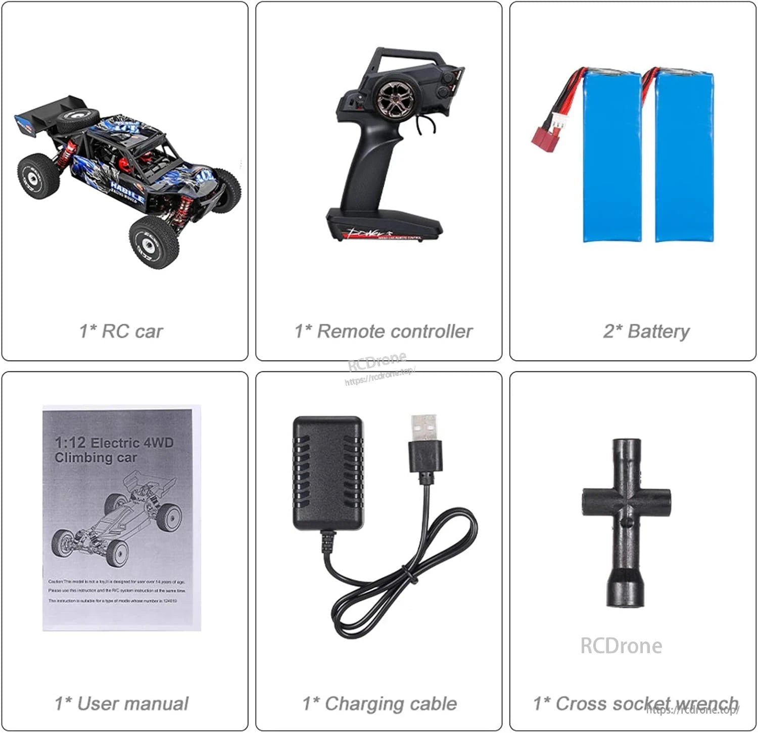 Wltoys 124018 RC Car, The package includes an RC car, remote controller, two batteries, user manual, charging cable, and cross socket wrench.