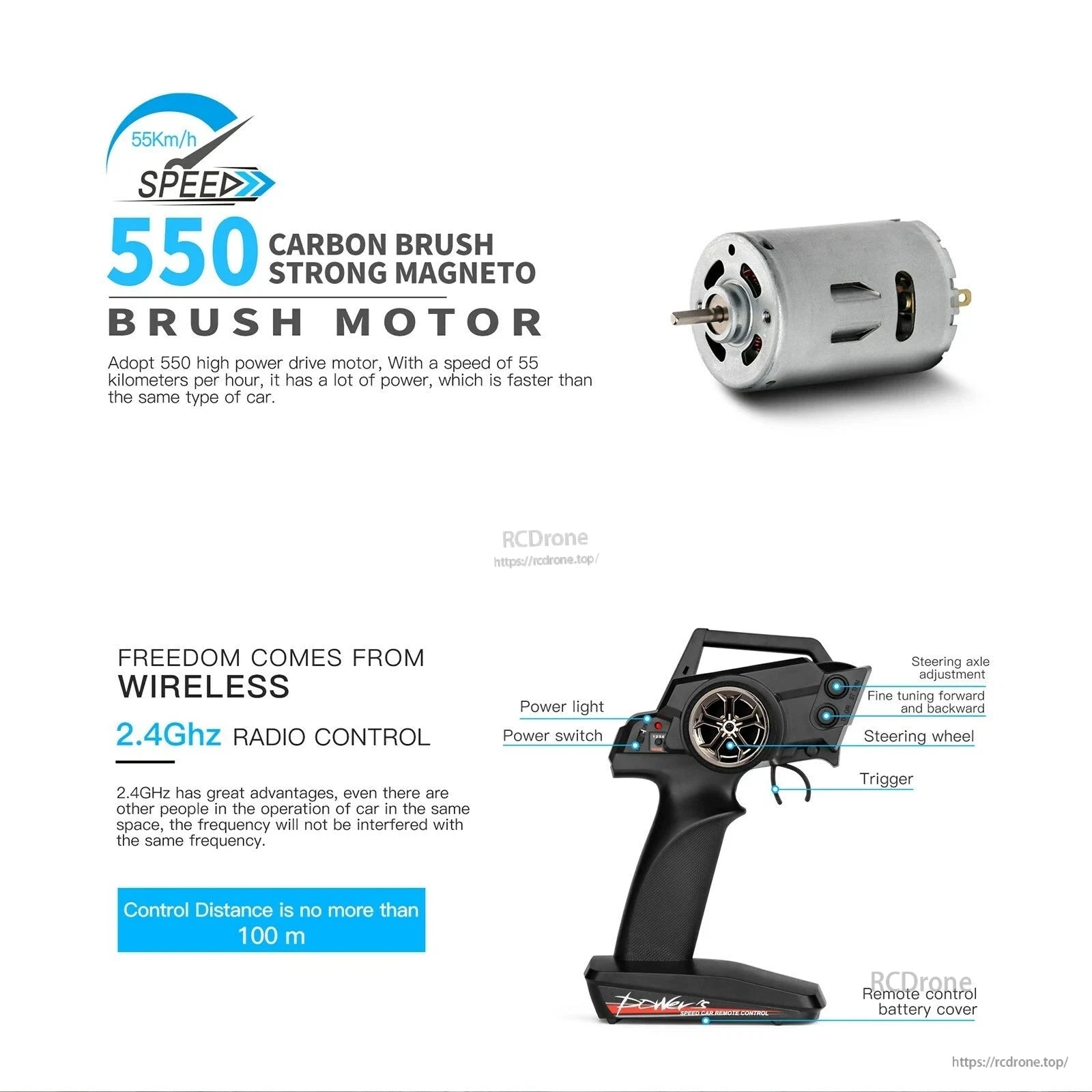 Wltoys 124018 RC Car, Powerful drone with 550 motor, 55 km/h speed, 2.4GHz control up to 100m, adjustable steering, and interference-free wireless operation.