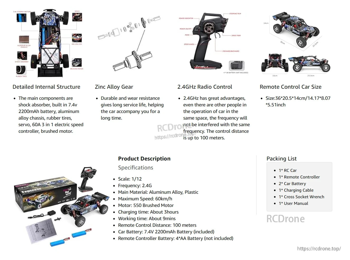 WLtoys 124018 RC car: 1/12 scale, 2.4GHz, aluminum chassis, 60km/h, brushed motor, 9min runtime, 100m range. Includes car, controller, batteries, charger, tools, and manual.