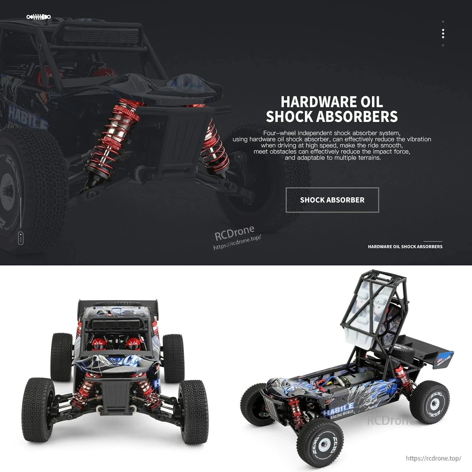 Wltoys 124018 RC Car, Oil shock absorbers and four-wheel independent suspension ensure smooth rides, minimize impact, and enhance durability across terrains. Features red springs, black tires, detailed chassis, and "HABILE RACING WORLD" branding.