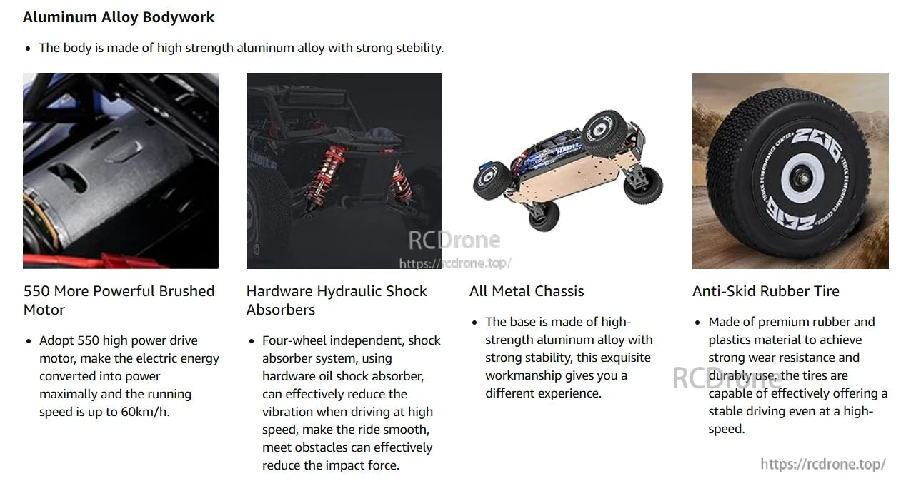 Wltoys 124018 RC Car, Aluminum alloy body with high strength, 550 brushed motor up to 60km/h, hydraulic shocks, all-metal chassis, and anti-skid tires for smooth performance on rough terrain.