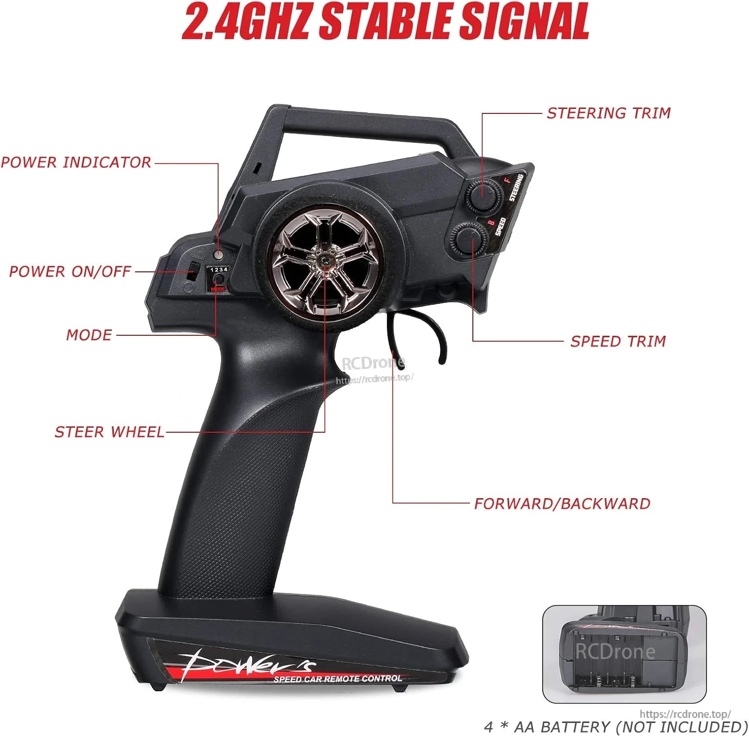 Wltoys 124018 RC Car, Stable 2.4GHz remote control with trim, power, mode switch, and steering wheel. Requires 4 AA batteries (not included).