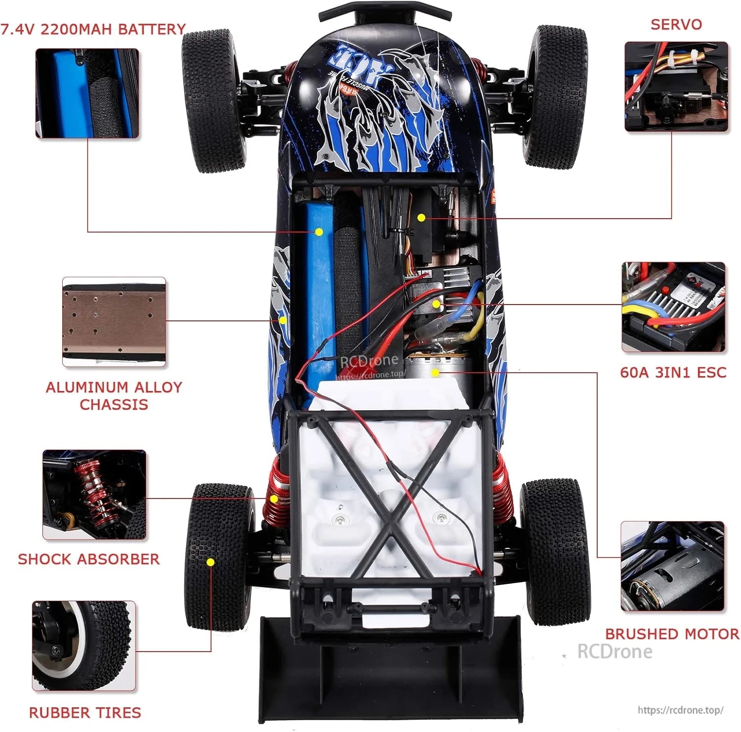 The Wltoys 124018 RC car features a 7.4V battery, aluminum chassis, servo, ESC, brushed motor, shocks, and rubber tires.