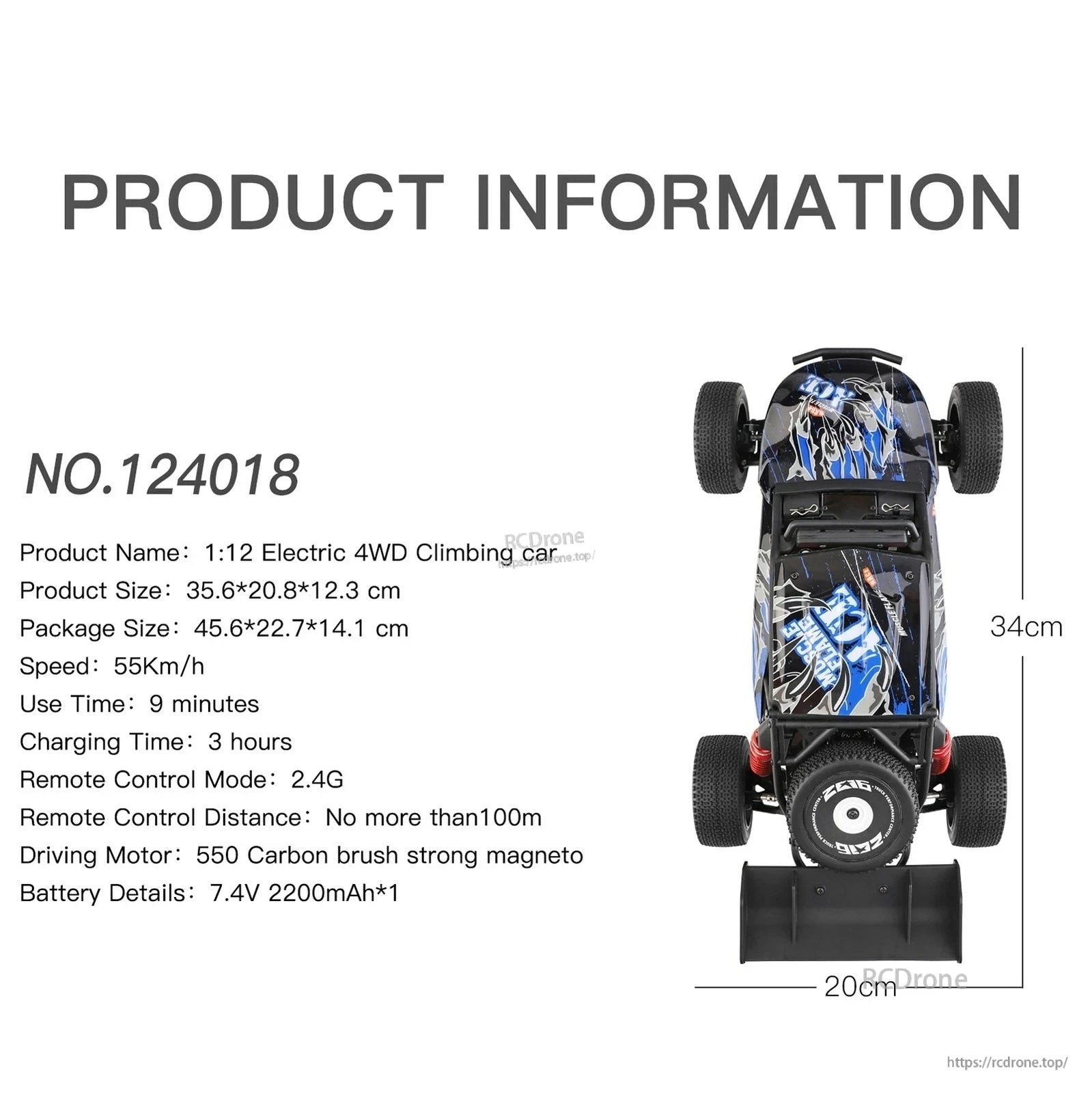 Wltoys 124018 RC Car, Product No.124018 is a 1:12 scale electric 4WD RC car with a 55 km/h speed, 9-minute runtime, 3-hour charge, 2.4G remote control, and strong off-road performance.
