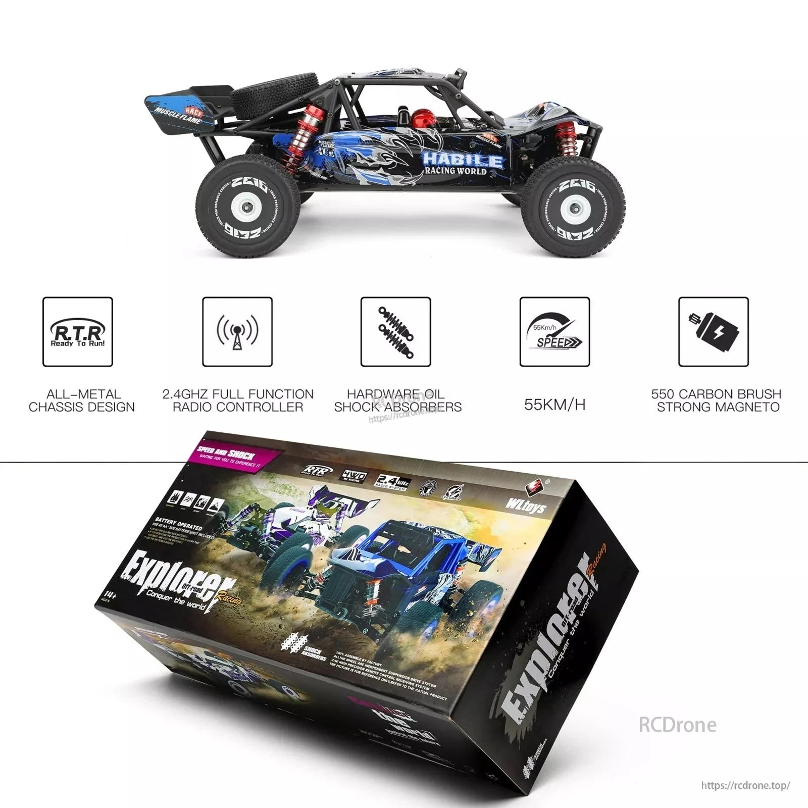 Wltoys 124018 RC Car, The WLtoys Explorer 124018 RC car features a metal chassis, 2.4GHz control, oil shocks, a 550 motor, 55km/h speed, and is built for off-road performance and durability.
