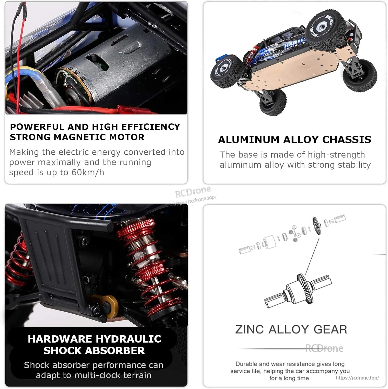 Wltoys 124018 RC Car, Powerful motor, aluminum chassis, hydraulic shocks, and zinc gears ensure speed, stability, durability, and longevity.