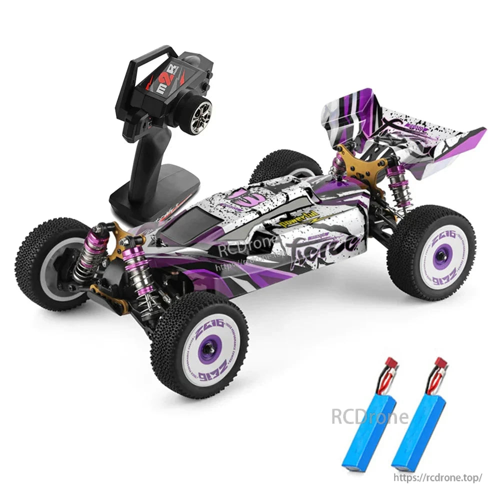 Wltoys 124019 RC Car, Wltoys 124019 RC car: 1/12 scale, 4WD, 60km/h, off-road buggy with alloy chassis, 550 motor, purple/white design, includes remote and batteries.