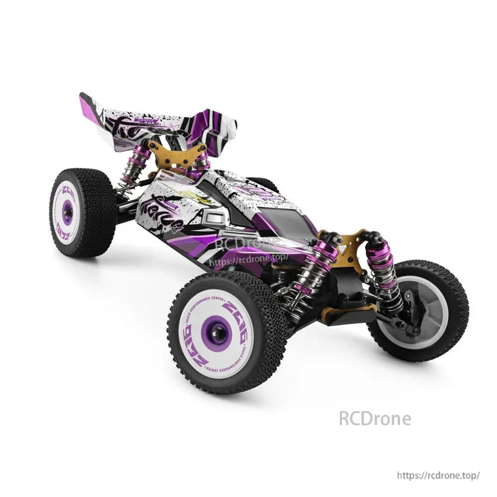 Wltoys 124019 RC Car, Wltoys 124019 RC car: 1/12 scale, 4WD, 60km/h, off-road buggy with alloy chassis, 550 motor, purple/white design, ZCZ tires.