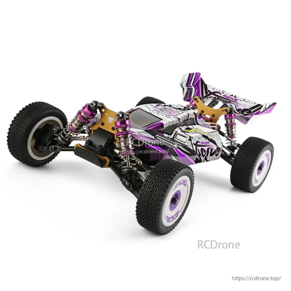Wltoys 124019 RC Car, 1/12 scale RC car, 4WD, 60km/h, off-road buggy with alloy chassis, 550 motor, purple-white design, detailed suspension and tires.