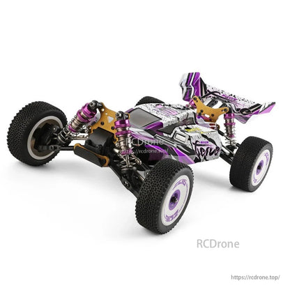 Wltoys 124019 RC Car, 1/12 scale RC car, 4WD, 60km/h, off-road buggy with alloy chassis, 550 motor, purple-white design, detailed suspension and tires.