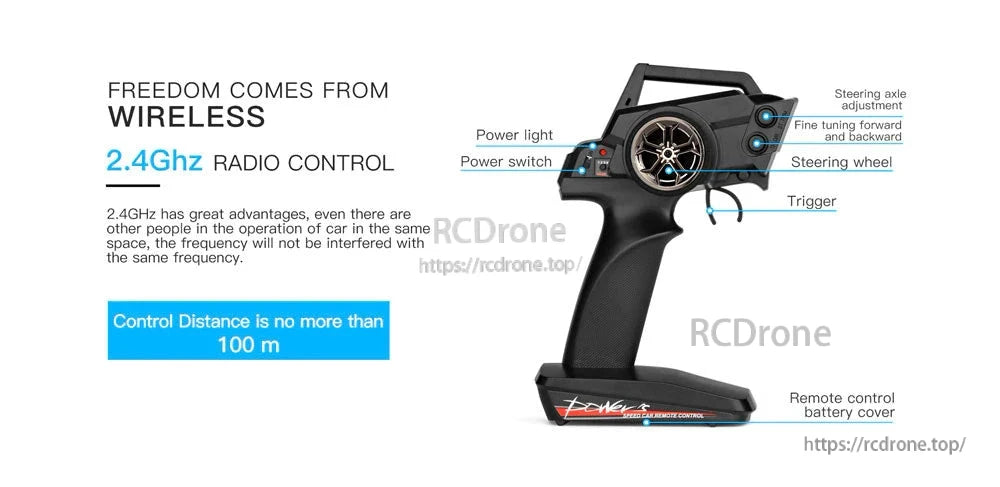 Wltoys 124019 RC Car, Wireless 2.4GHz radio control offers interference-free operation up to 100m, with features like power switch, steering wheel, trigger, fine tuning, and battery cover.