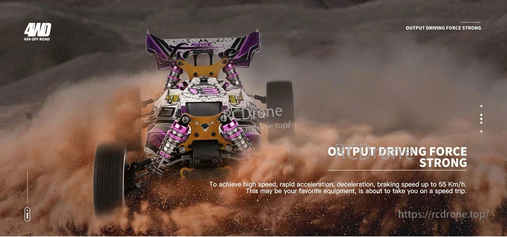 Wltoys 124019 RC Car, 4WD off-road RC car delivers powerful performance, reaching 55 km/h with quick acceleration and braking, perfect for high-speed thrills.