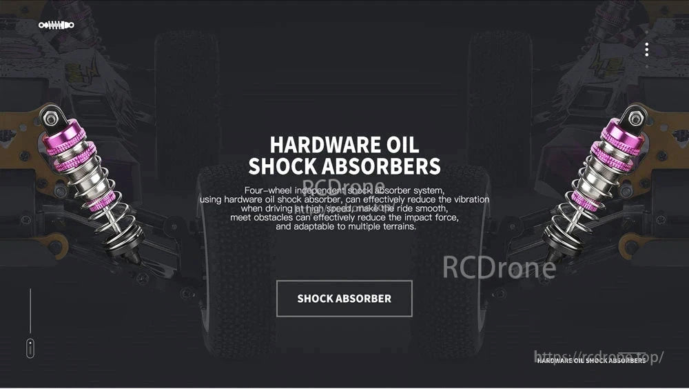 Wltoys 124019 RC Car, Oil shock absorbers with four-wheel independent system reduce vibration, smooth rides, minimize impact, and adapt to various terrains.
