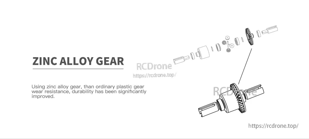 Wltoys 124019 RC Car, Zinc alloy gears are more durable and wear-resistant than plastic gears in RC cars.