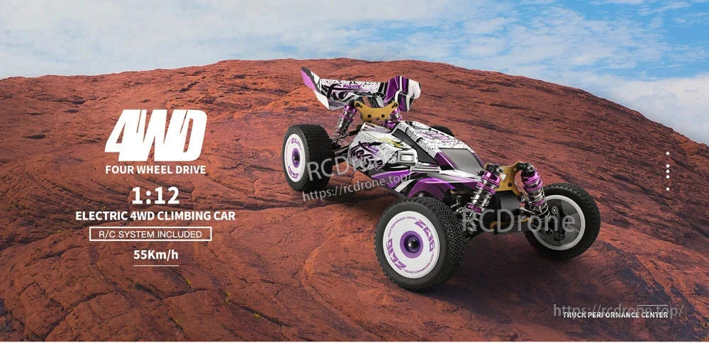 Wltoys 124019 RC Car, 4WD 1:12 electric climbing car with 55km/h speed, includes R/C system and truck performance center.