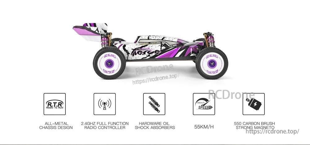 The Wltoys 124019 RC car features an all-metal chassis, 2.4GHz radio, oil shocks, a 550 carbon brush motor, and reaches speeds up to 55km/h.