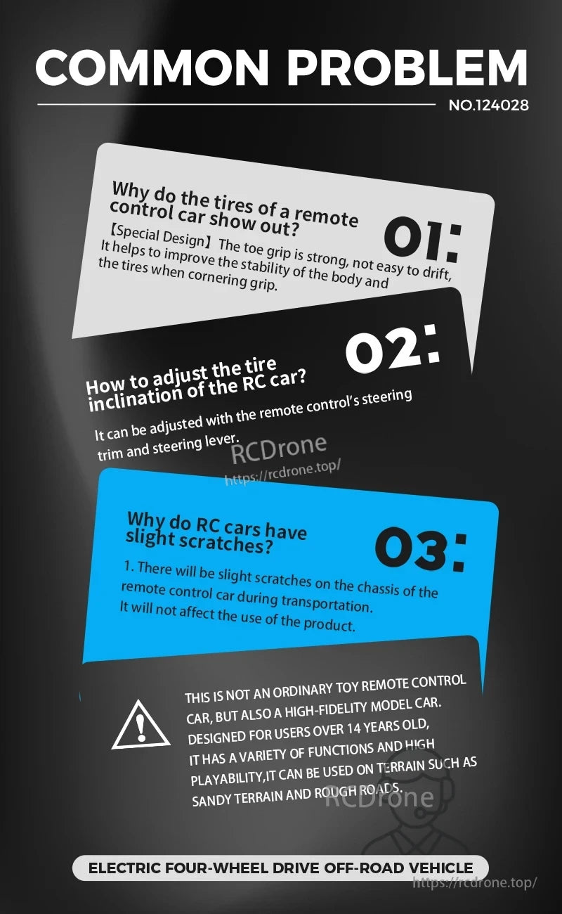 WLtoys 124028 1:12 60KM/H 4WD Brushless RC Car, Common issues include tire slippage, adjustable steering trim, and minor scratches. High-quality 4WD electric off-road RC car for ages 14+.