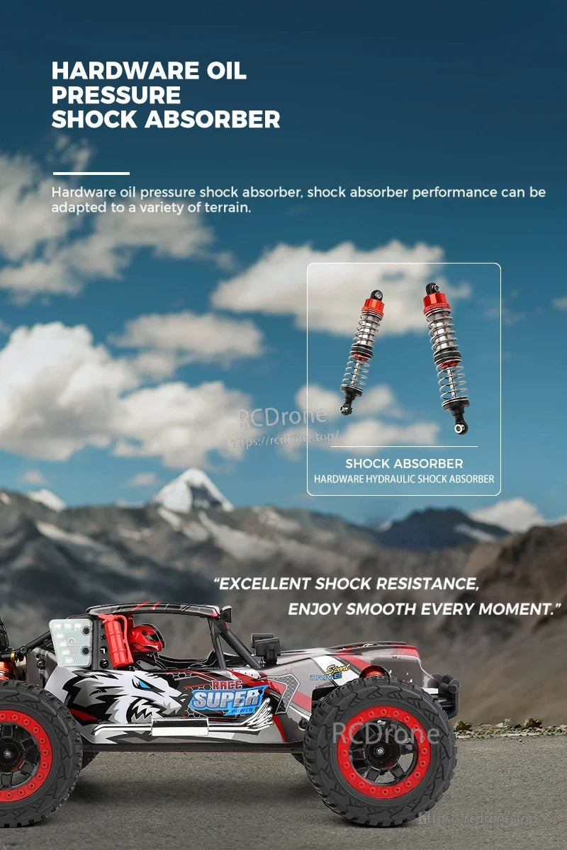 WLtoys 124028 1:12 60KM/H 4WD Brushless RC Car, Hardware oil pressure shock absorber ensures superior terrain adaptability, excellent shock resistance, and smooth performance. The robust RC car features red accents against a mountain backdrop.
