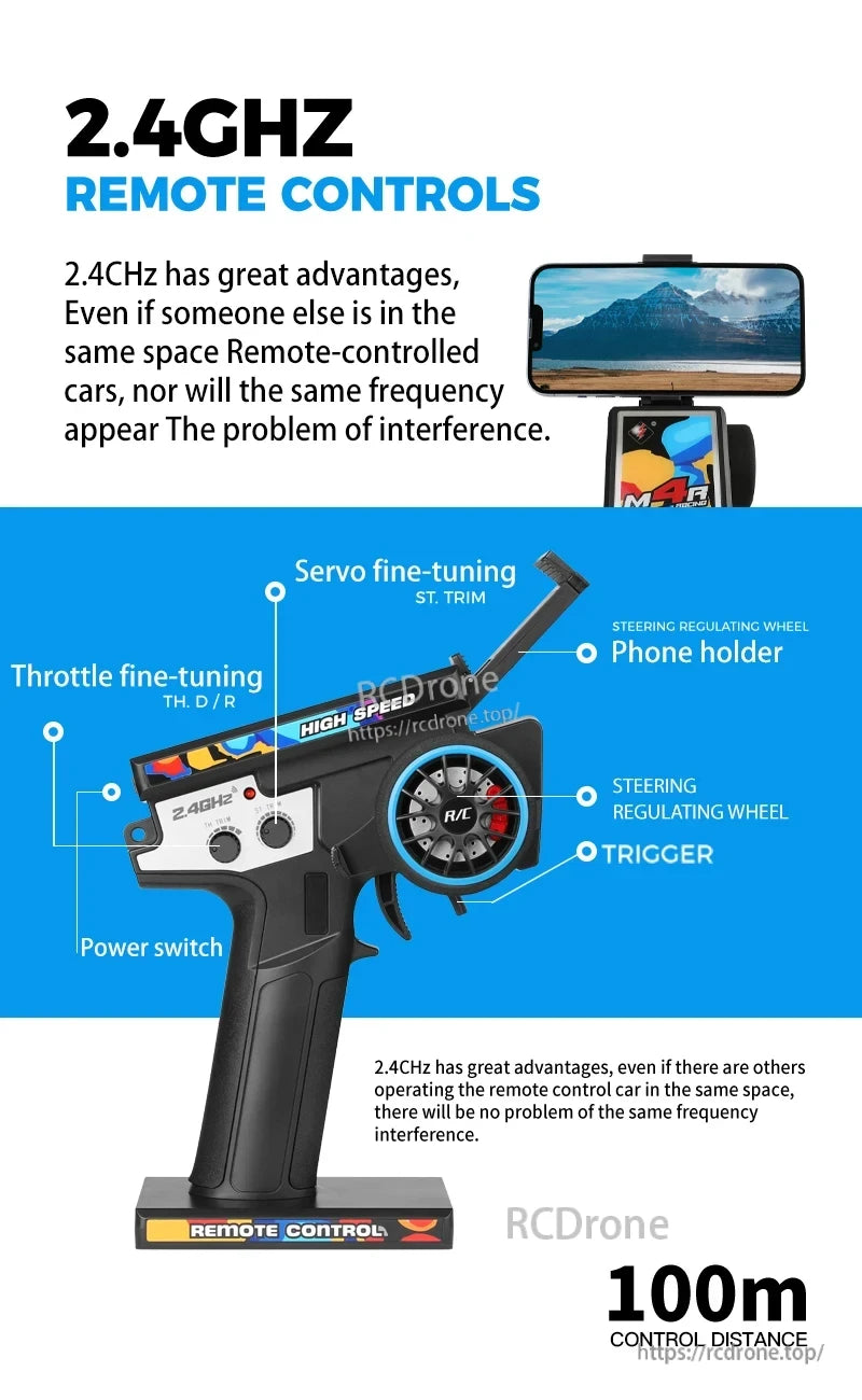 WLtoys 124028 1:12 60KM/H 4WD Brushless RC Car, A 2.4GHz remote control with a 100m range offers servo and throttle adjustments, steering wheel, trigger, phone holder, power switch, and interference-free performance in shared spaces.