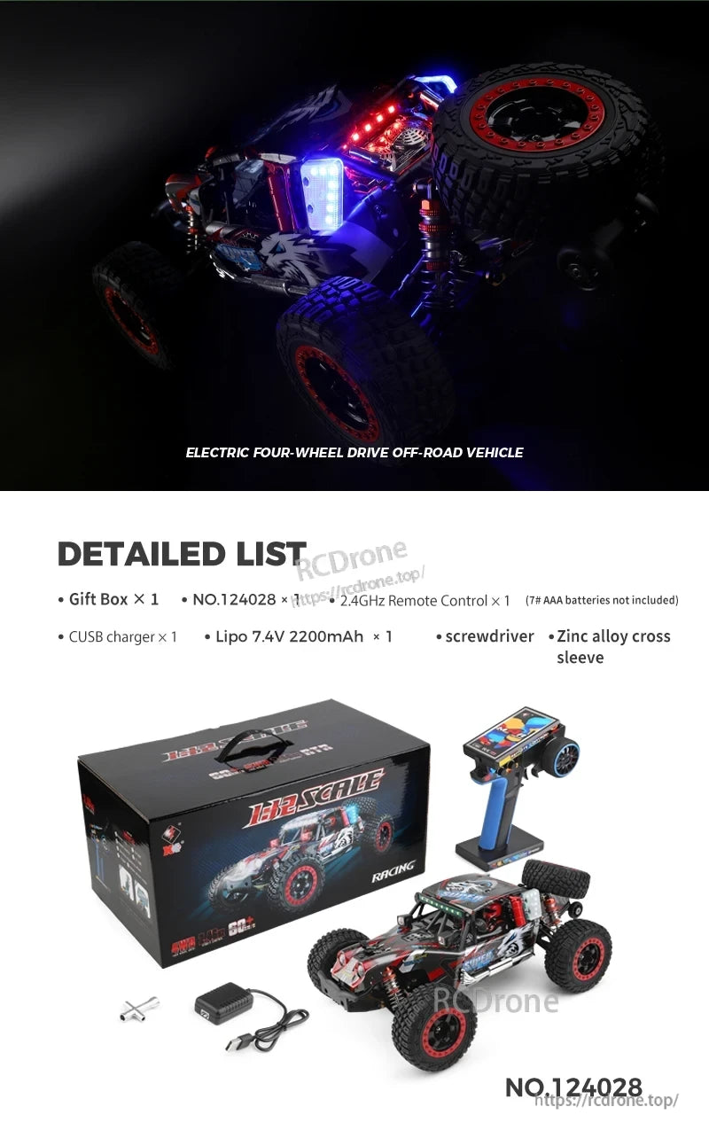 WLtoys 124028 1:12 60KM/H 4WD Brushless RC Car, Electric off-road vehicle, 1:12 scale, 60 km/h, brushless motor. Includes remote, charger, battery, tools. Features LED lights, rugged tires, high-speed performance.