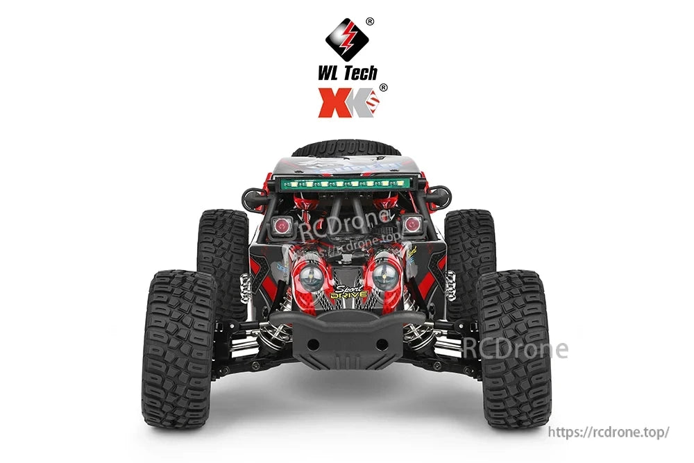 WLtoys 124028 1:12 60KM/H 4WD Brushless RC Car, The metal chassis, hydraulic shock absorbers, and high-grip rubber tires provide stability and performance on various terrain types.
