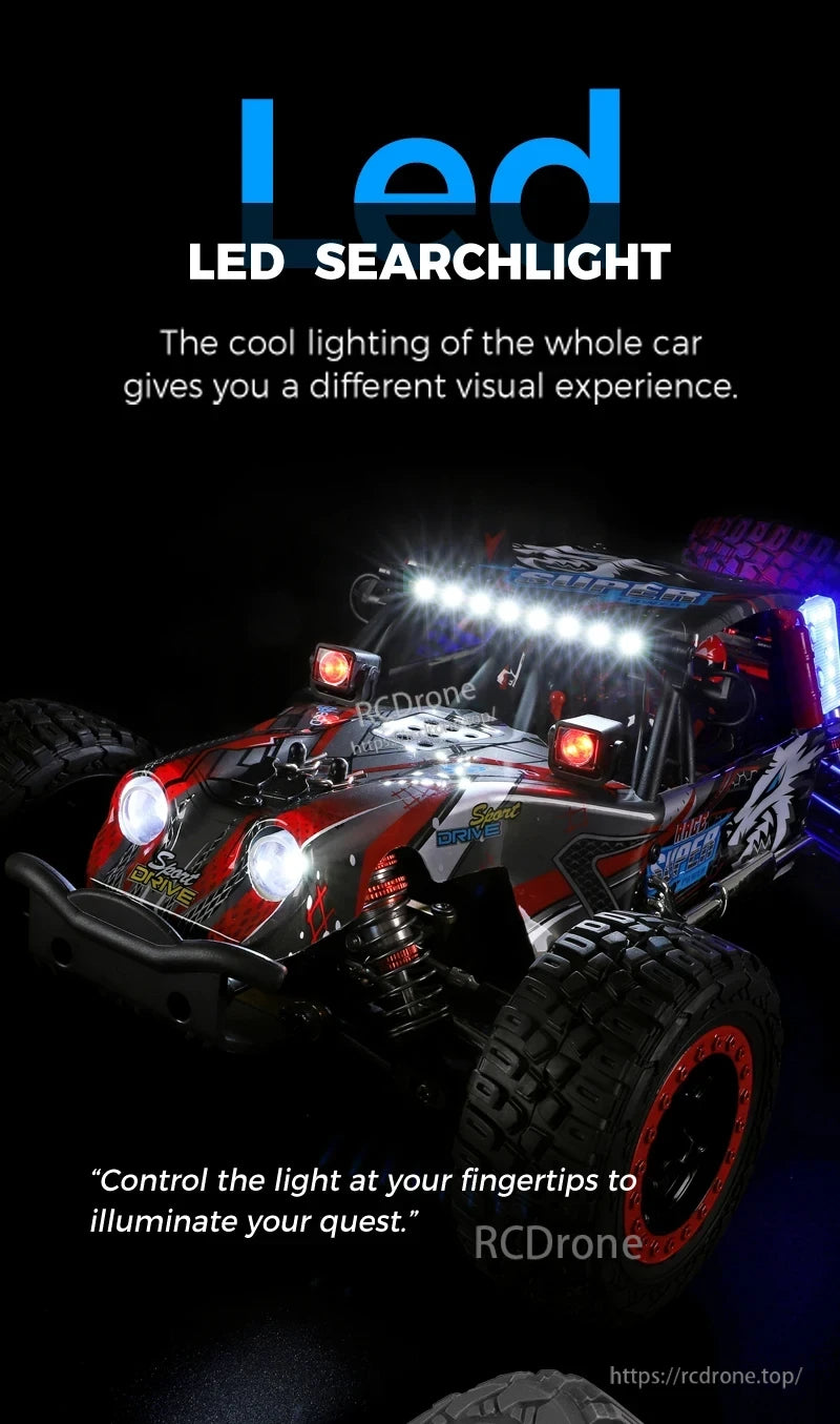 WLtoys 124028 1:12 60KM/H 4WD Brushless RC Car, LED searchlight enhances visual experience, control lighting for illumination.