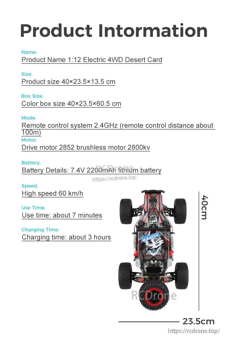 WLtoys 124028 1:12 60KM/H 4WD Brushless RC Car, Electric 1:12 scale 4WD desert car with 2.4GHz remote, 60 km/h speed, 7-minute runtime, 3-hour charge, large tires, and durable chassis for off-road performance.