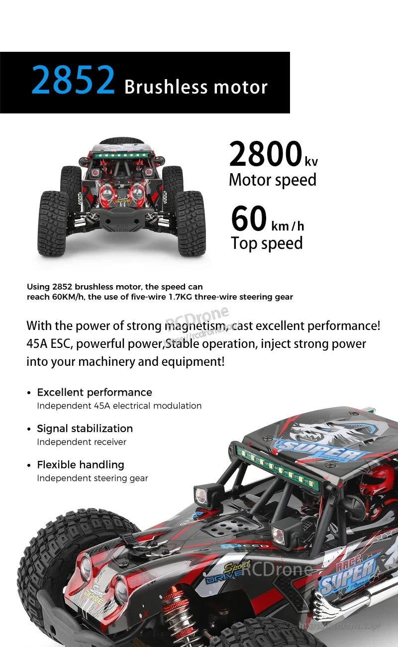 WLtoys 124028 1:12 60KM/H 4WD Brushless RC Car, The WLtoys 124028 1:12 4WD brushless RC car features a 2852 2800KV motor, reaching 60km/h, with a 1.7KG steering gear, 45A ESC, signal stabilization, and independent modulation for high performance and stability.