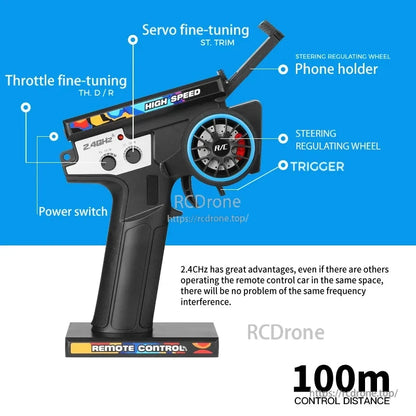 WLtoys 124028 1:12 60KM/H 4WD Brushless RC Car, A 2.4GHz remote control with a 100m range offers fine-tuning, high-speed operation, metal chassis, LED lights, and a 2800KV motor for enhanced performance.