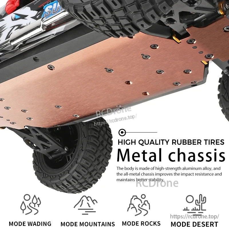 WLtoys 124028 1:12 60KM/H 4WD Brushless RC Car, High-quality rubber tires and durable aluminum alloy chassis offer enhanced impact resistance, stability, and versatile off-road performance across wading, mountain, rock, and desert modes.