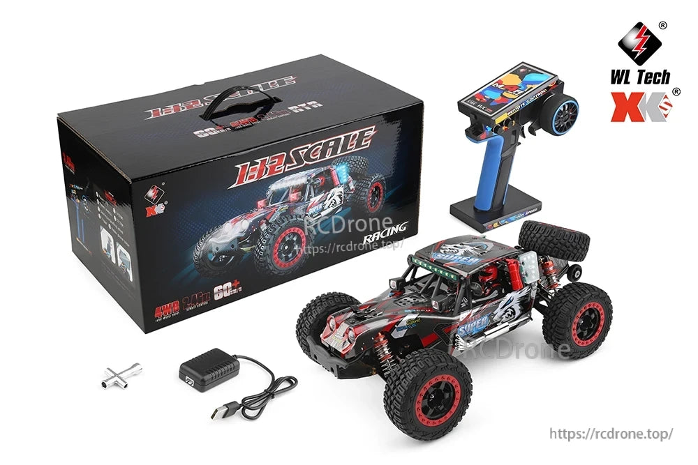WLtoys 124028 1:12 60KM/H 4WD Brushless RC Car, Durable metal chassis with high-strength aluminum alloy for stability and impact resistance.