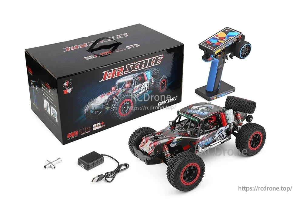 WLtoys 124028 1:12 60KM/H 4WD Brushless RC Car, WLtoys 124028 is a 1:12 scale 4WD brushless RC car with a 60km/h speed, 2800KV motor, metal chassis, LED lights, and 100m remote range.