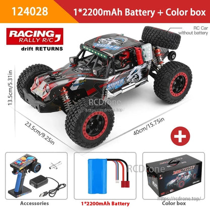 WLtoys 124028 1:12 60KM/H 4WD Brushless RC Car, WLtoys 124028 1:12 scale 4WD brushless RC car with 60KM/H speed, metal chassis, LED lights, 100m range, 2200mAh battery, and accessories in a color box.
