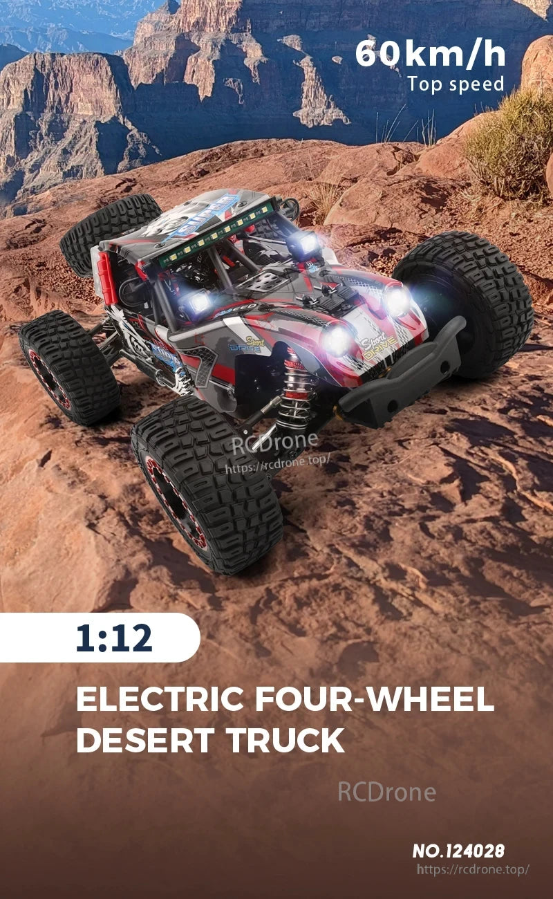 WLtoys 124028 1:12 60KM/H 4WD Brushless RC Car, 1:12 electric four-wheel desert truck, model NO.124028, features a 60 km/h top speed, off-road design, bright headlights, rugged tires, and brushless motor.