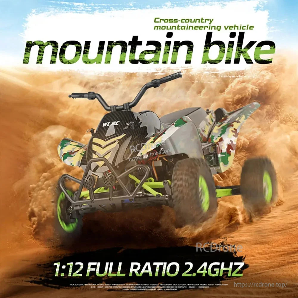 1:12 scale 4WD RC motorcycle, off-road capable, reaches 50km/h, features LCD remote, LED lights, and 2.4GHz radio system.