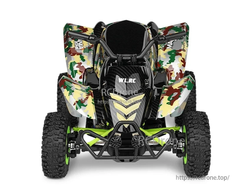 The WL.RC 1/12 4WD RC ATV has a 50km/h speed, LCD remote, LED lights, and a camouflage design.