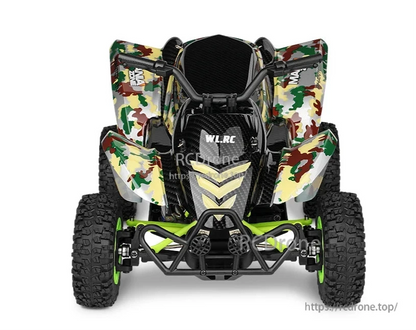 The WL.RC 1/12 4WD RC ATV has a 50km/h speed, LCD remote, LED lights, and a camouflage design.