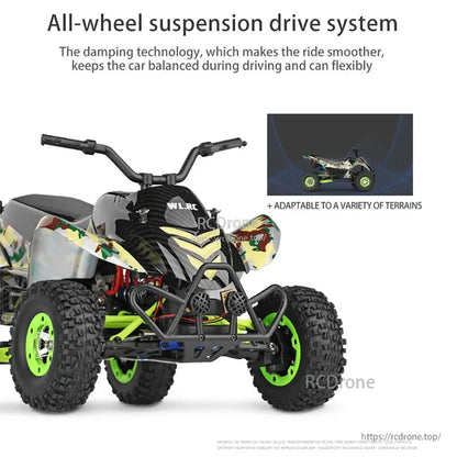 All-wheel suspension, 4WD, large tires, and robust design ensure smooth rides and hill climbing. Features LCD remote, LED lights, 50km/h speed. Model WL.RC reinforces brand identity for rugged outdoor use.