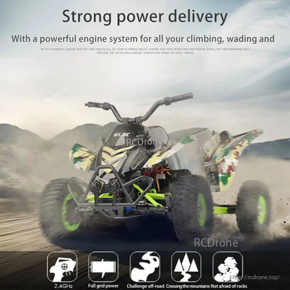 Powerful engine system for climbing, wading, high-speed racing. Features 2.4GHz, full grid power, off-road, mountain crossing, rock resistance.