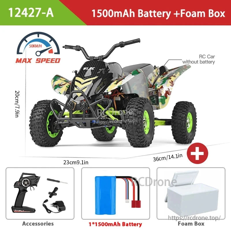WLtoys 12427-A 1/12 RC ATV: 4WD, max 50km/h, 1500mAh battery, foam box, accessories, 36x23x20cm.