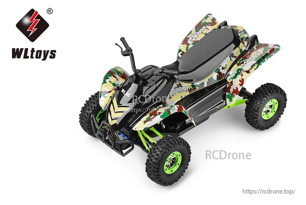 WLtoys 12428-A RC Motorcycle, Motorcycle-inspired design with sporty camo pattern and robust frame for a unique off-road look.