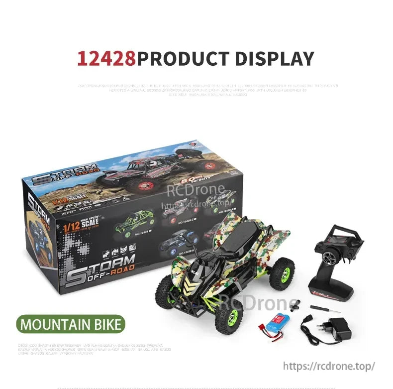 WLtoys 12428-A RC Motorcycle, WLtoys 12428-A RC off-road vehicle: 1/12 scale, 50km/h, includes remote control, battery, charger, tools. Features rugged tires and camouflage design.