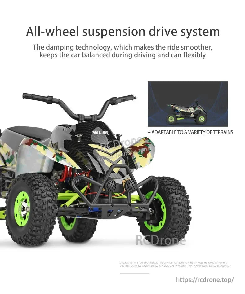 The WLtoys 12428-A RC Motorcycle features an all-wheel suspension drive system with damping technology for a smoother ride.